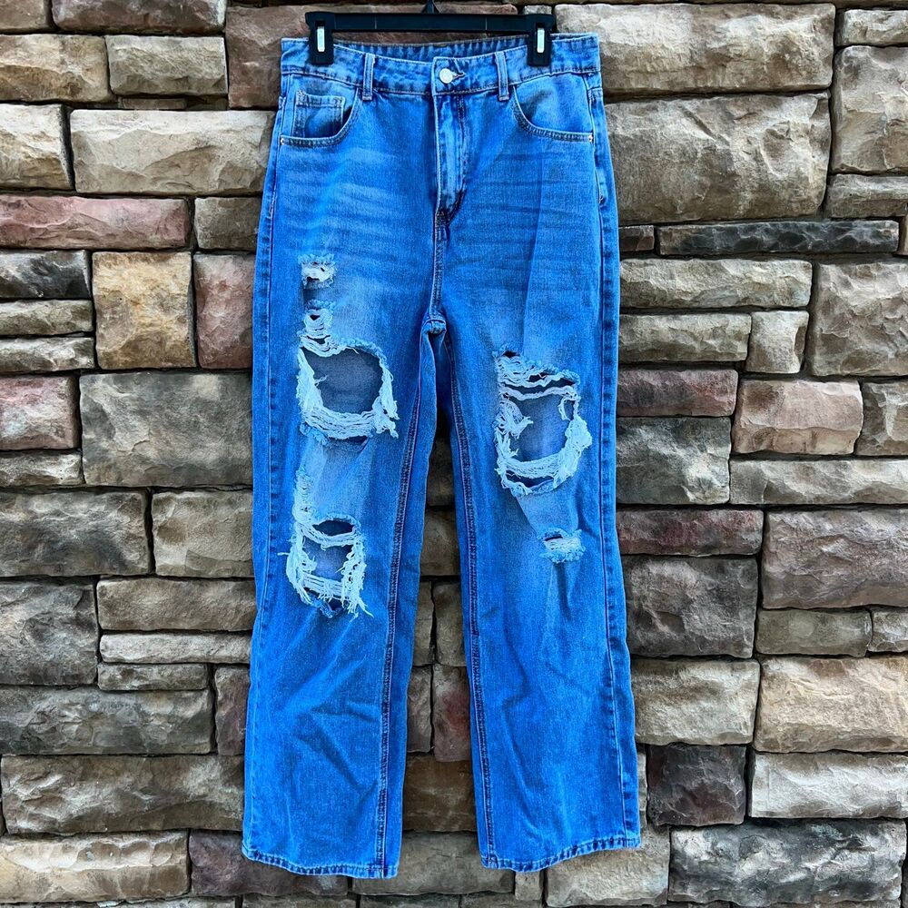 SHEIN Blue Jeans High Waist Distressed Womens Large US 8-10